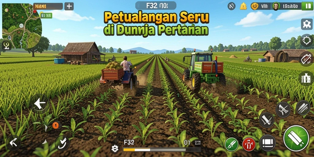 Screenshot permainan F32 menunjukkan taman yang subur dan tanaman beragam.