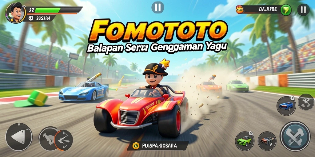 Tangkapan layar menunjukkan aksi balapan intens di FOMOTOTO.