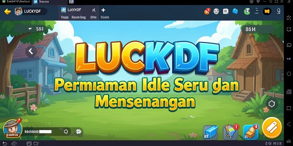Screenshot gameplay LUCKYDF menampilkan karakter unik dan pengumpulan sumber daya.